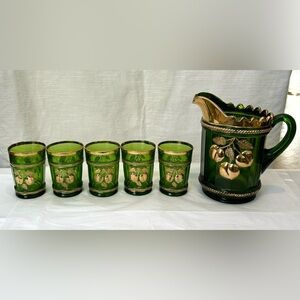 Vintage 1900's Northwood Peach Intaglio Emerald & Gold Glass Pitcher Set 6 piece